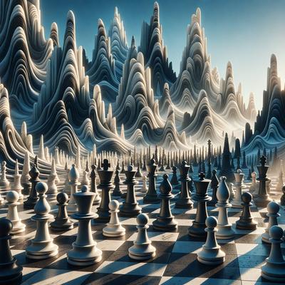 The primary subject of the image is a chessboard with multiple chess pieces, including kings and pawns, arranged on it. The setting is a futuristic, digital art-like environment, with a backdrop of a mountainous landscape. The visual style is a combination of photo and digital art, creating a unique and intriguing atmosphere. The colors and mood of the image are predominantly dark and moody, with the chess pieces and the mountainous landscape creating a sense of depth and complexity.